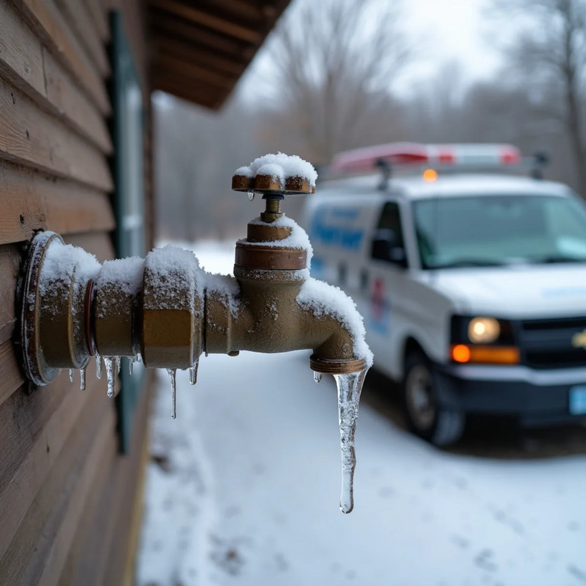Frozen burst pipe and ice at a Wimberley cabin after the 2021 Texas freeze