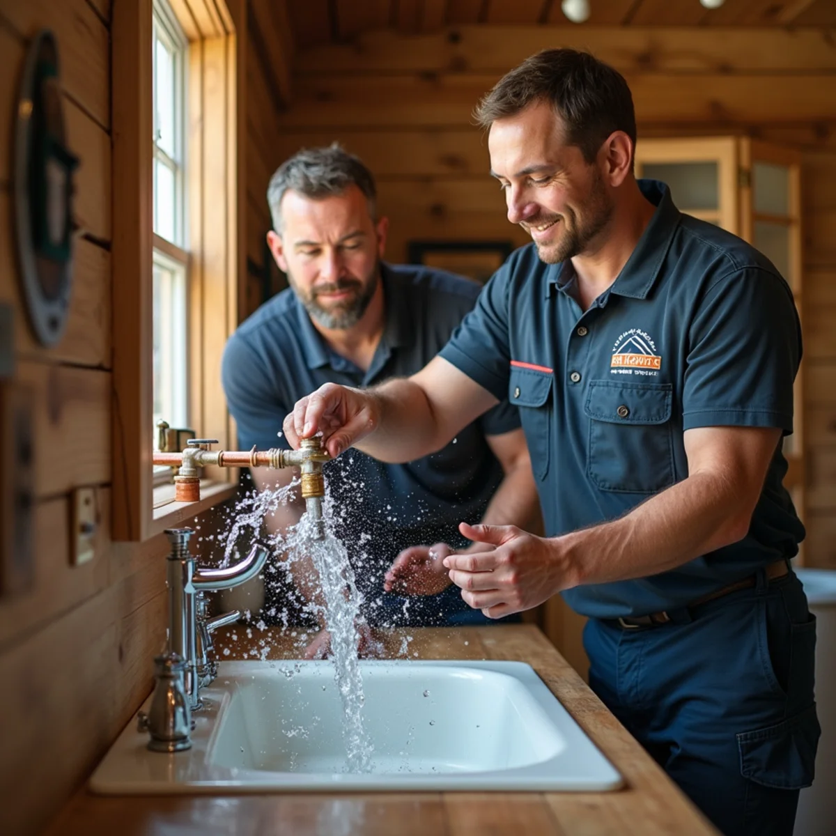 Water spraying from a burst copper pipe under a Wimberley cabin sink