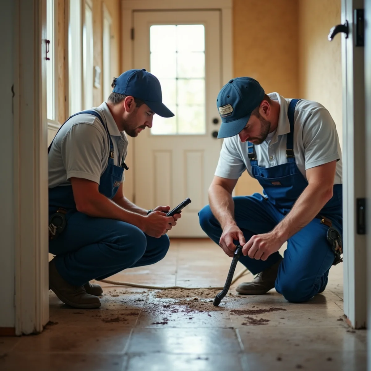 Flood-damaged plumbing and soaked flooring in a Wimberley Texas home