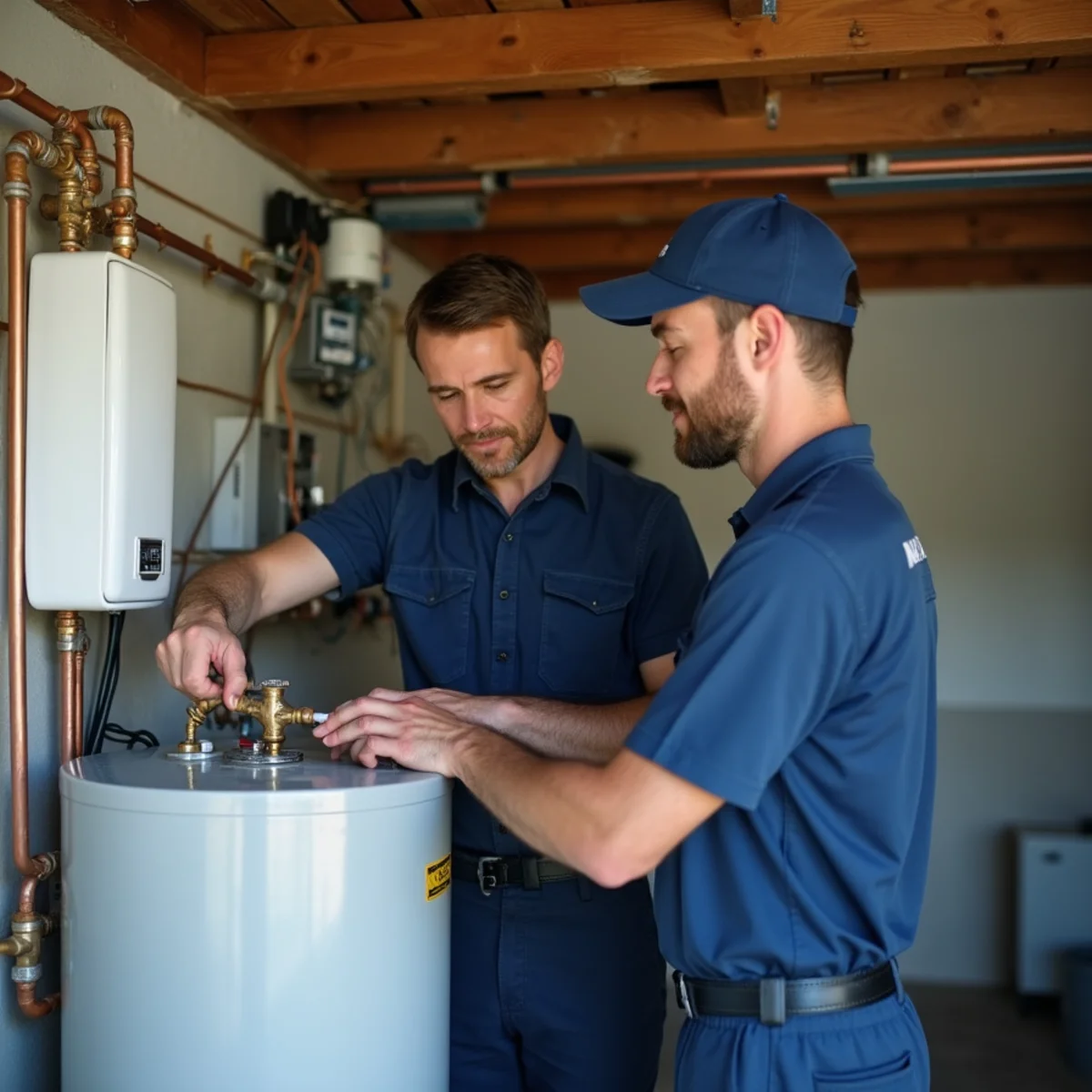 Homeowner checking a water heater with no hot water in a Wimberley home