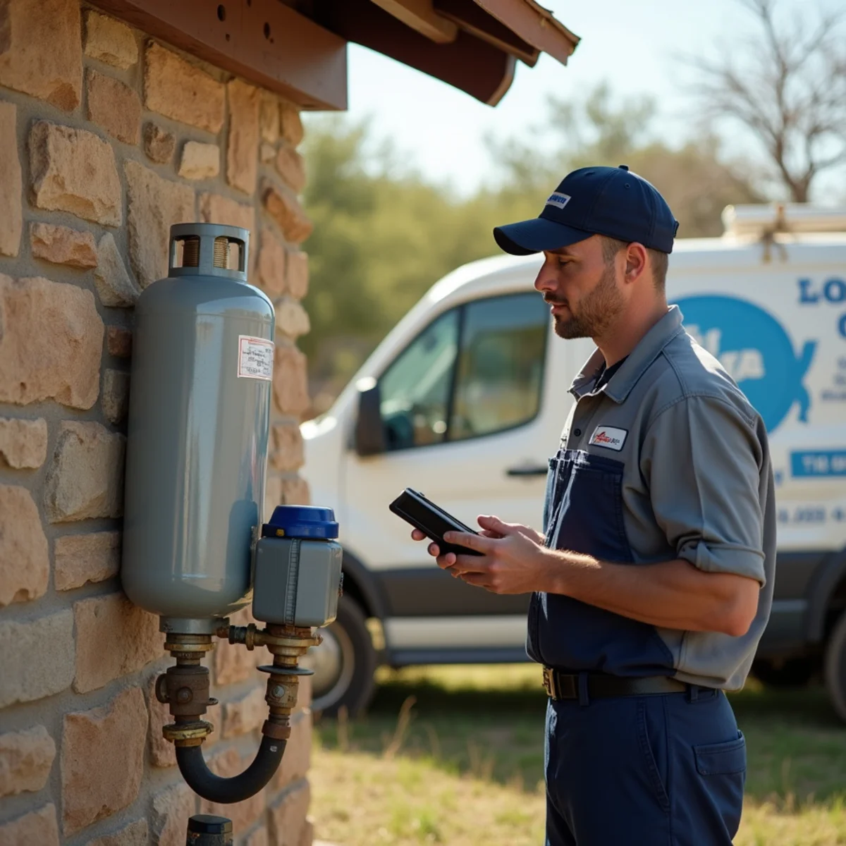 Propane tank and gas line at a rural Hays County Hill Country home
