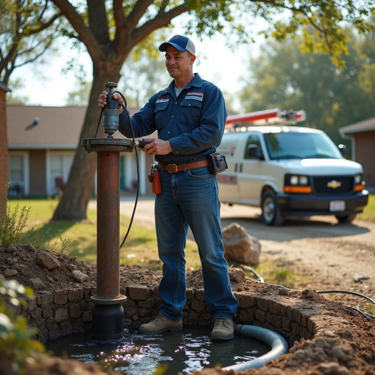Submersible well pump being pulled from a deep Hill Country water well