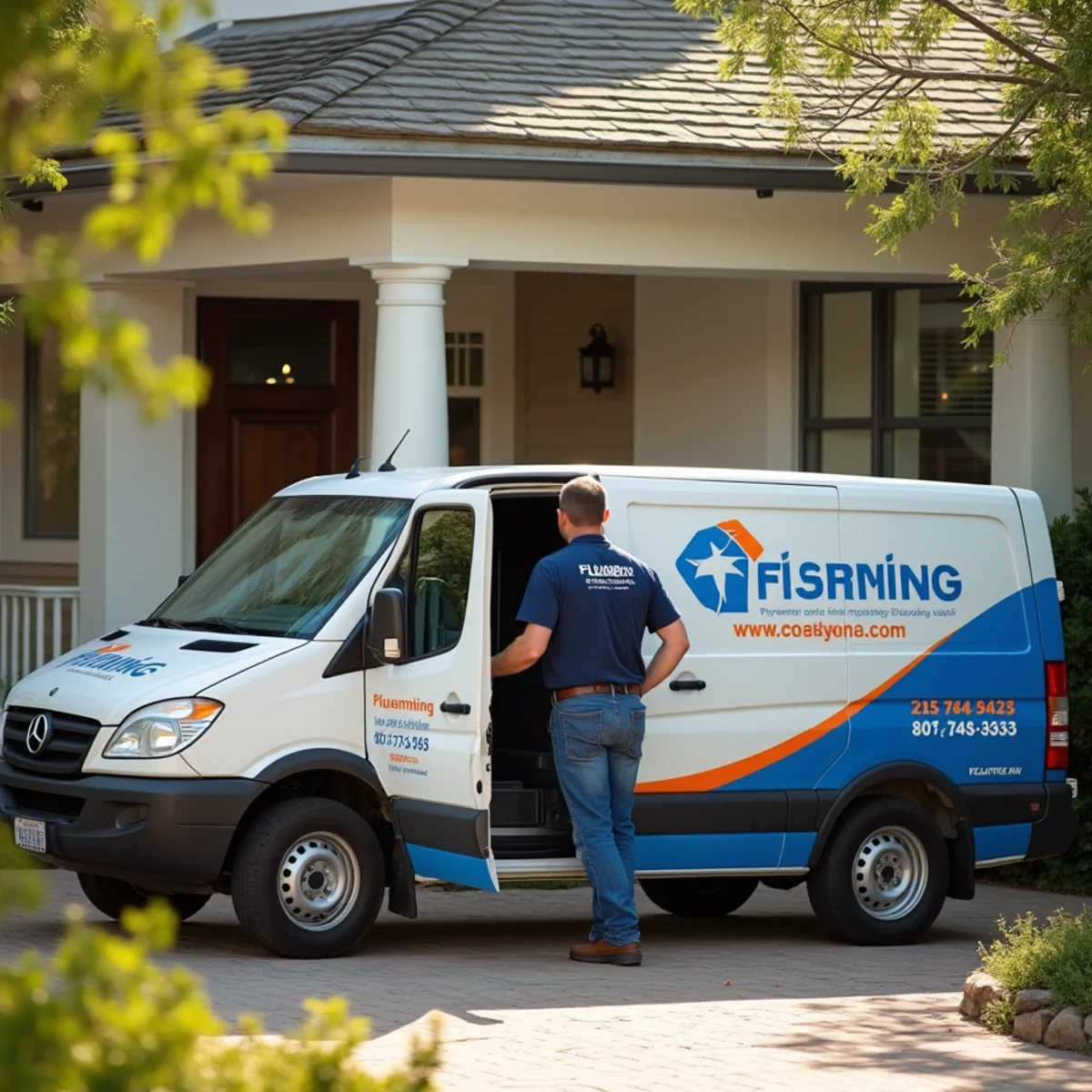 Blanco River Plumbing service van outside a Wimberley, TX home