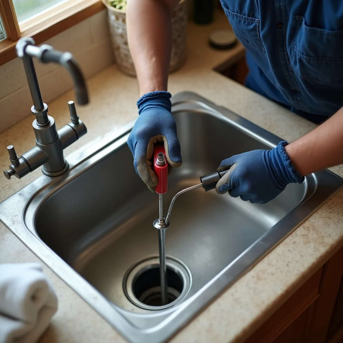 Blanco River Plumbing technician performing drain cleaning at a Wimberley, TX home