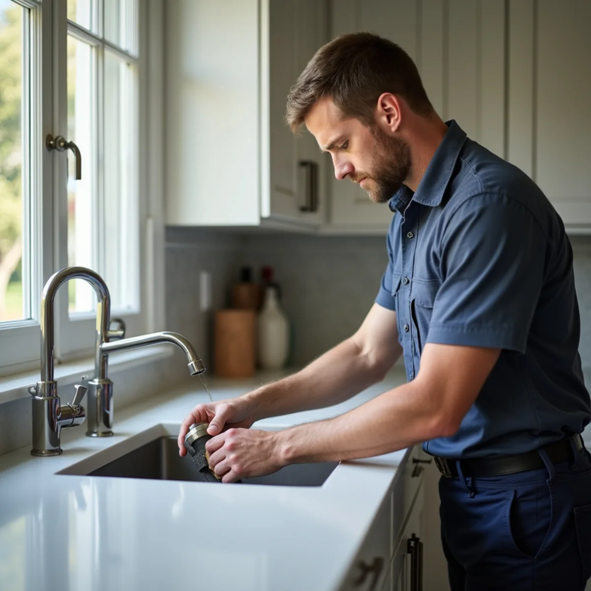 Blanco River Plumbing technician performing fixture repair at a Wimberley, TX home