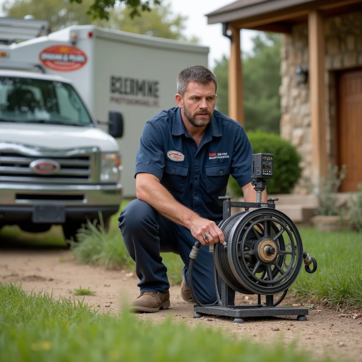 Plumber running a sewer camera inspection on a line at a Wimberley, TX property