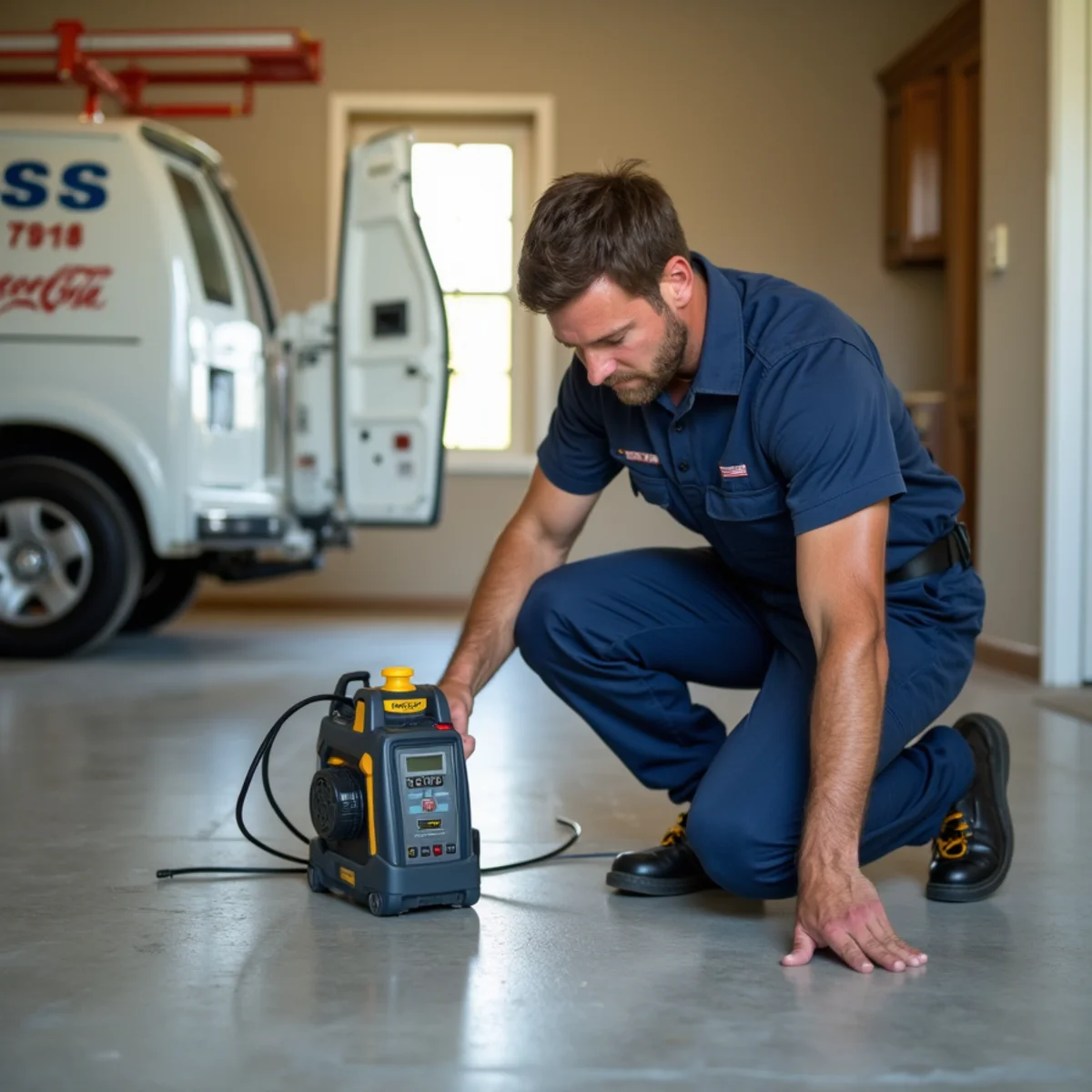 Plumber using electronic equipment to locate a slab leak in a Wimberley, TX home