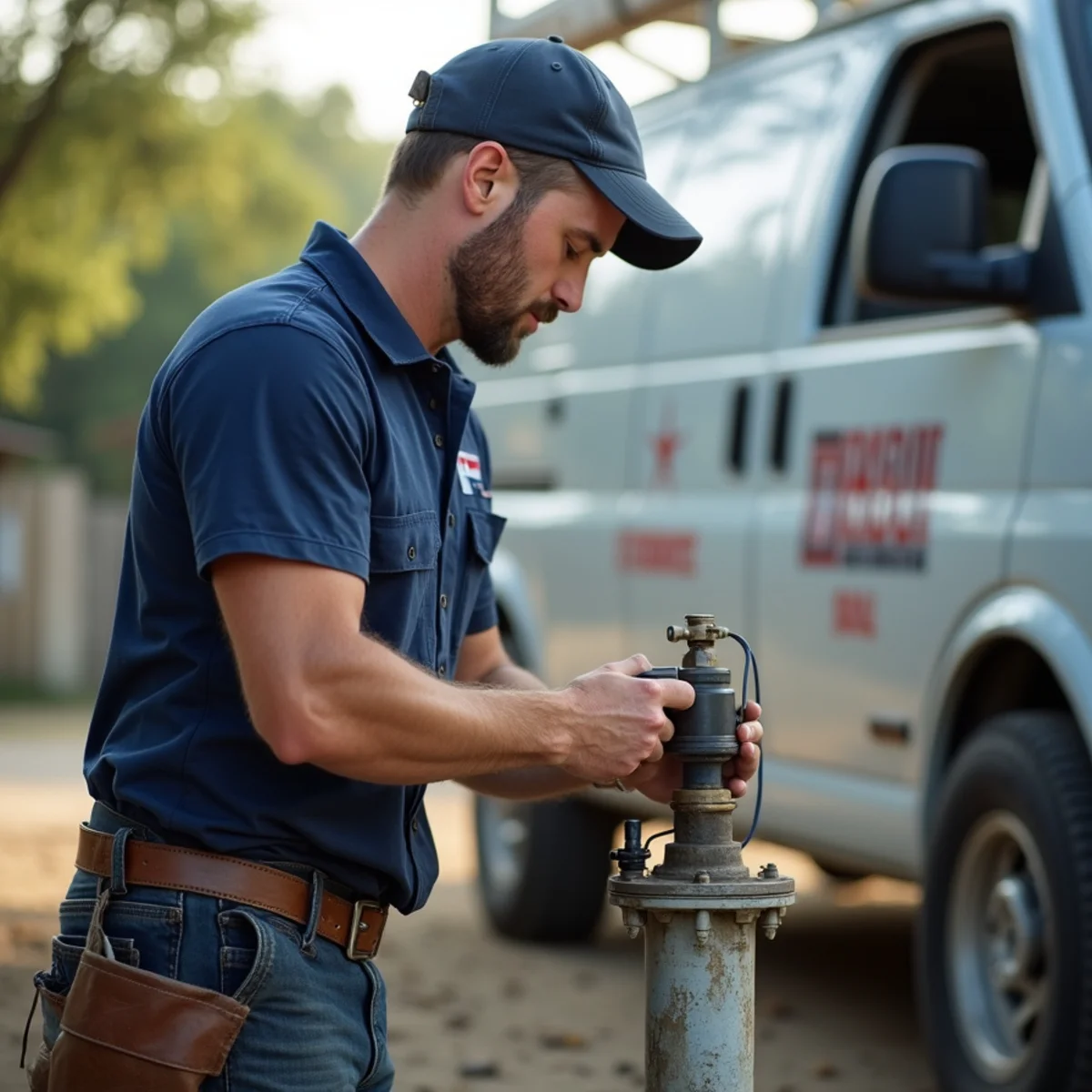 Blanco River Plumbing technician performing well pump service at a Wimberley, TX home